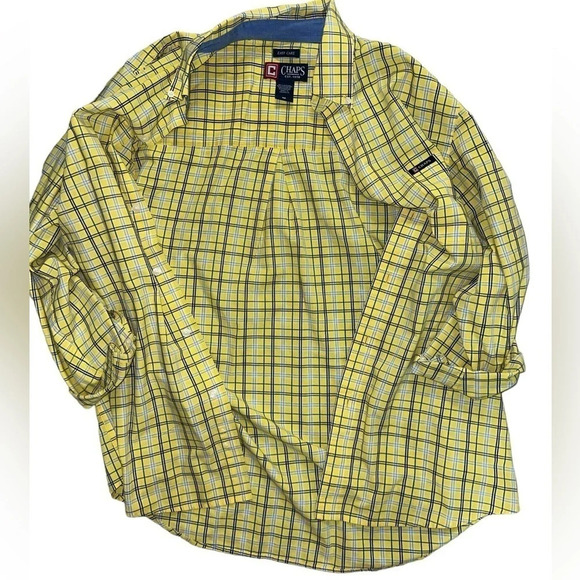 Chaps Long Sleeve Button Down Oxford Dress Shirt Yellow/Blue Plaid - Picture 2 of 6